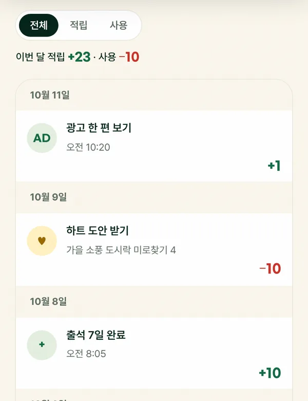 마이페이지 하트 내역: 광고, 출석, 구매 인증으로 들어온 하트와 쓴 하트